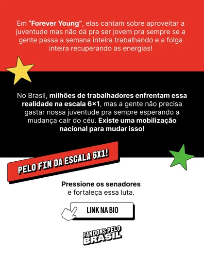 Slide 2: BLACKPINK e a escala 6x1, com chamada para pressionar os senadores
