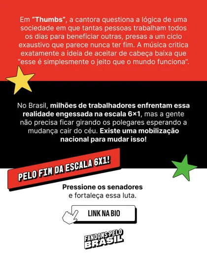 Slide 2: Sabrina Carpenter e a escala 6x1, com chamada para pressionar os senadores