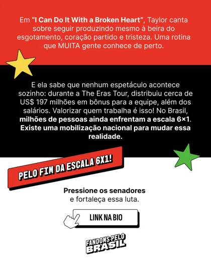 Slide 2: Taylor Swift e a escala 6x1, com chamada para pressionar os senadores