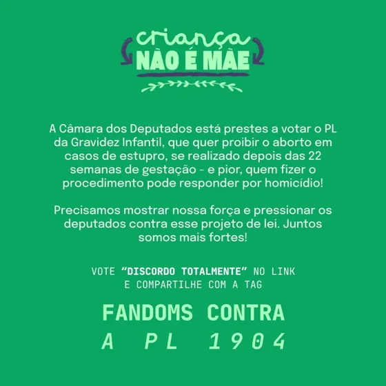 Post da campanha pedindo para votar “Discordo totalmente” na enquete e compartilhar com a tag Fandoms contra a PL 1904